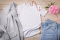 Women T-shirt mockup with jeans and striped blazer